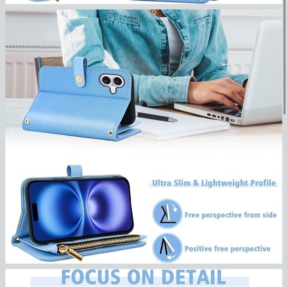 iPhone 16 6.1” Case Wallet Case Floral Wristlet Blue Card Holder Phone FC7 - Picture 3 of 8